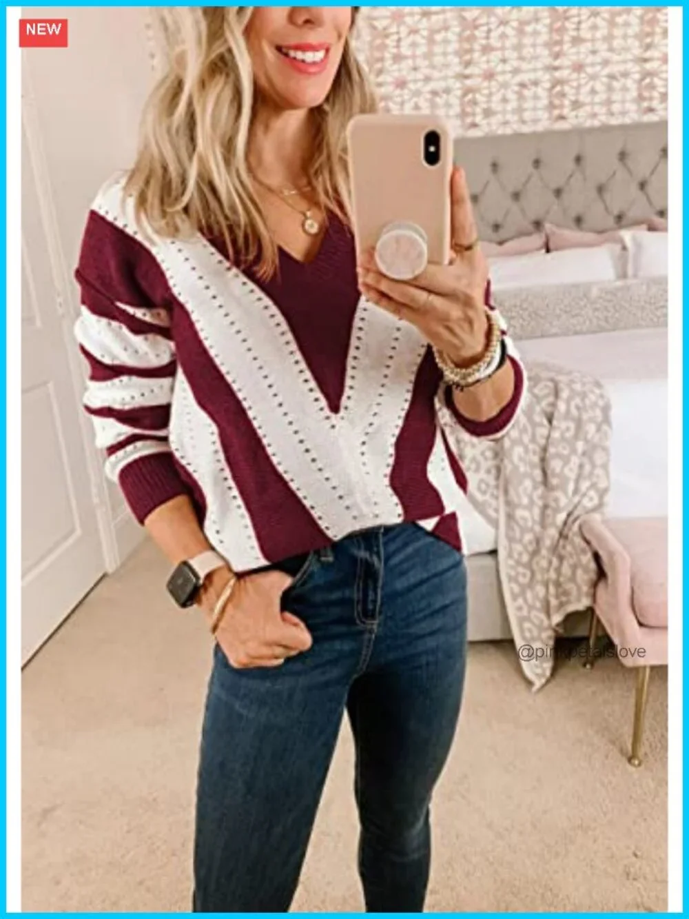 PRETTYGARDEN Women's V-Neck Striped Knit Pullover Sweater Long Sleeve